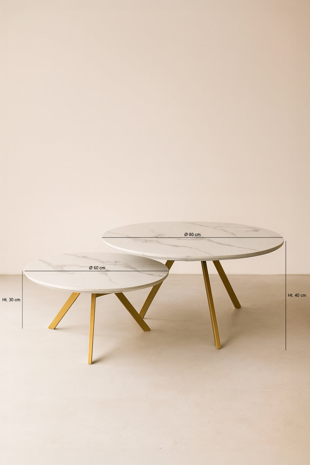 Dimensions Hoxton - Set de 2 tables basses effet marbre blanc et ses pieds en métal doré mat