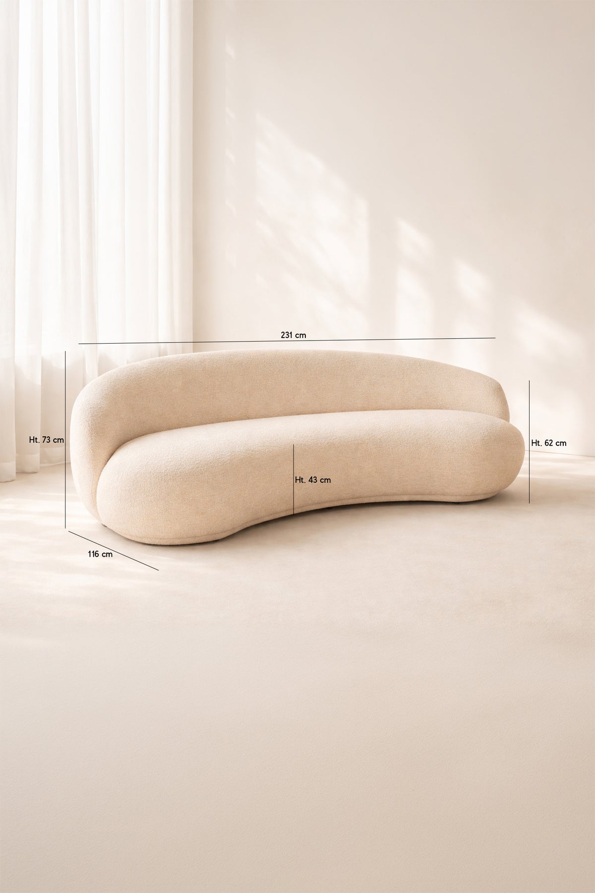 Dimensions Marlo - Canapé en chenille beige incurvé 3 places