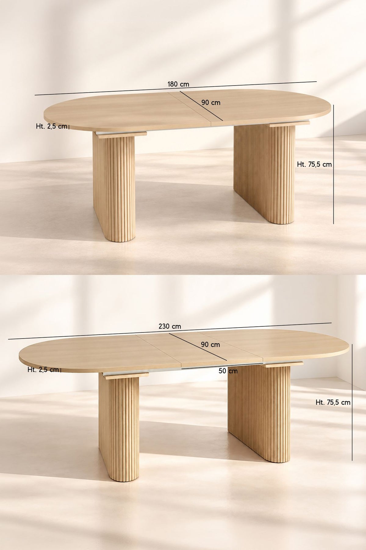 Dimensions Nocera - Table ovale extensible effet bois naturel