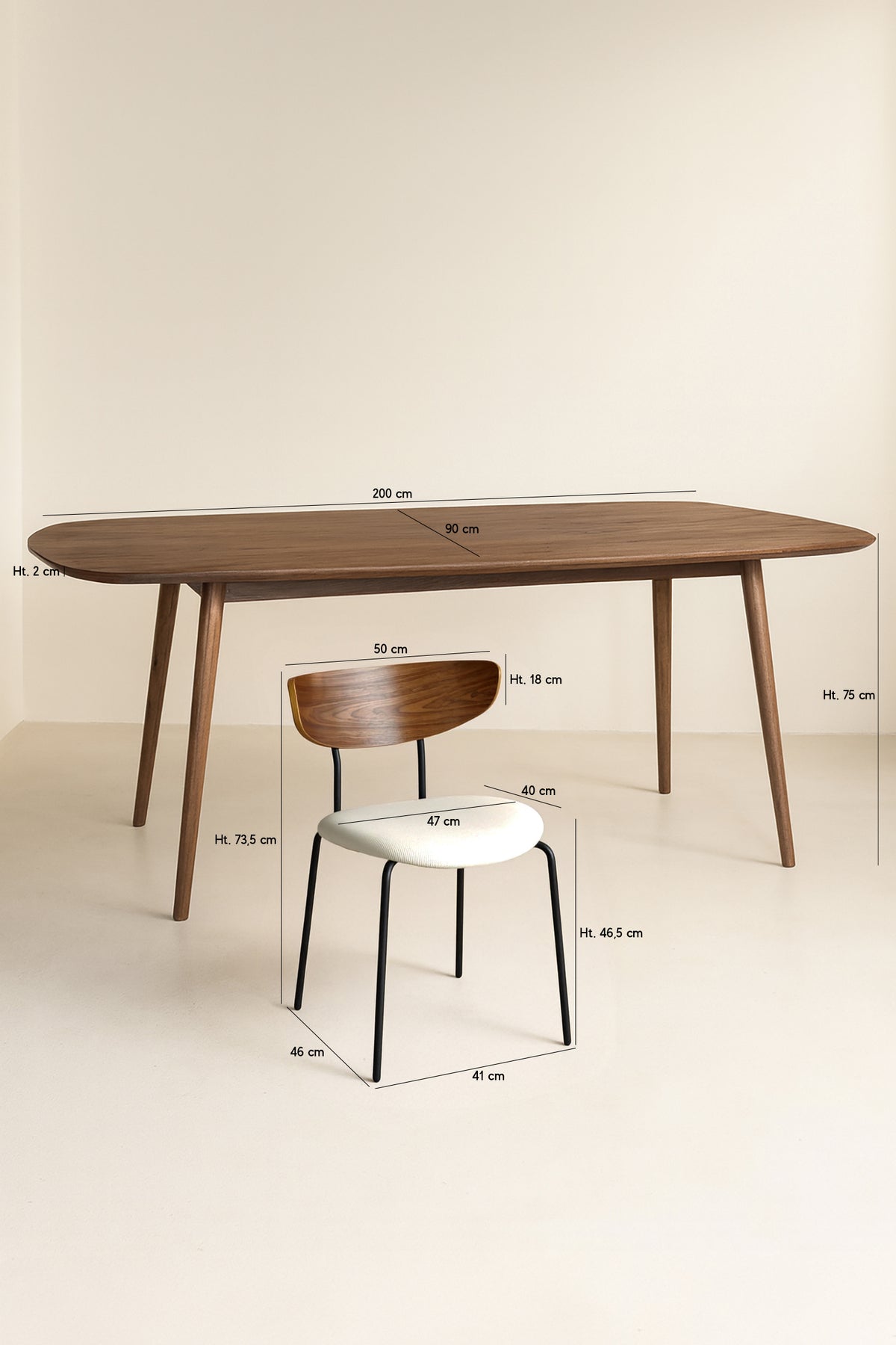 Dimensions Ensemble table à manger rectangulaire 200x90cm en bois effet noyer Callao et 6 chaises en velours côtelé écru Riva