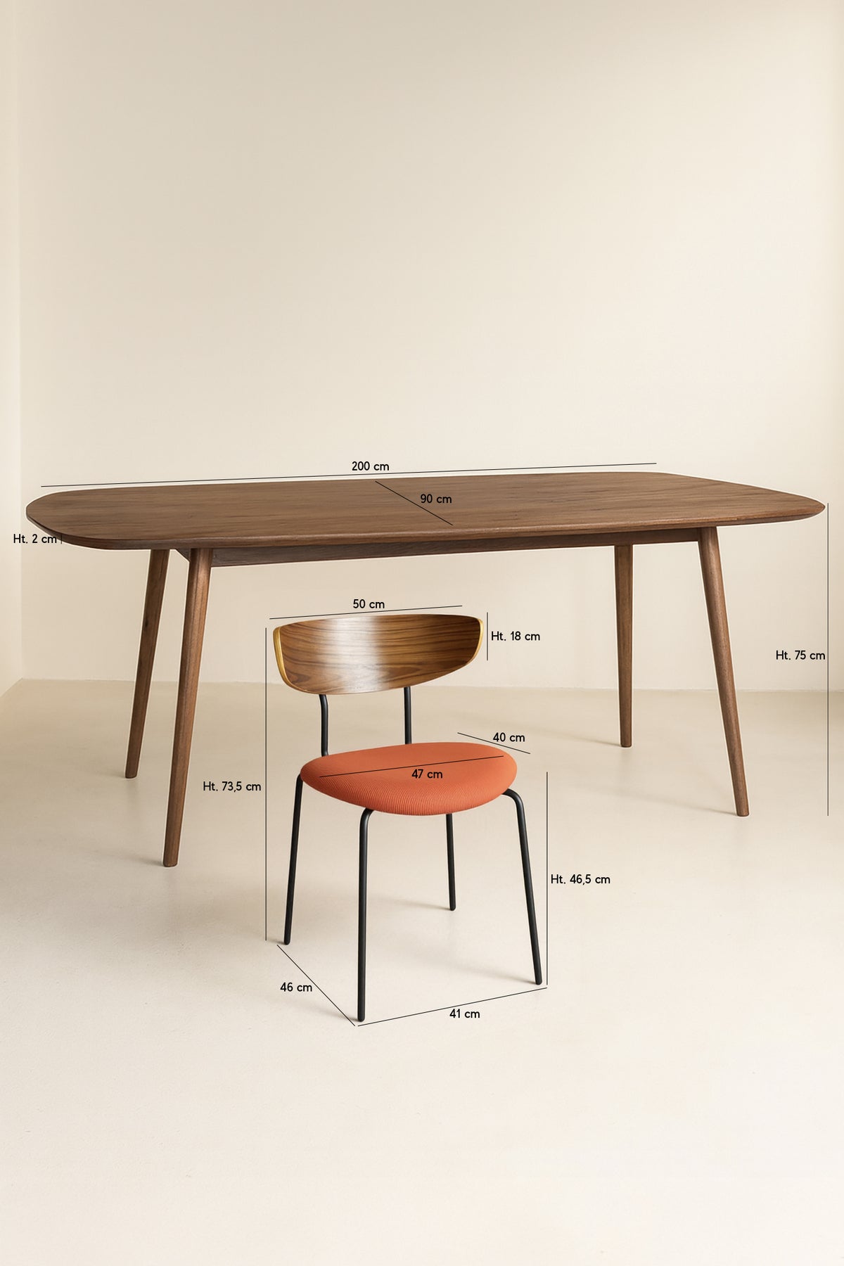 Dimensions Ensemble table à manger rectangulaire 200x90cm en bois effet noyer Callao et 6 chaises en velours côtelé terracotta Riva
