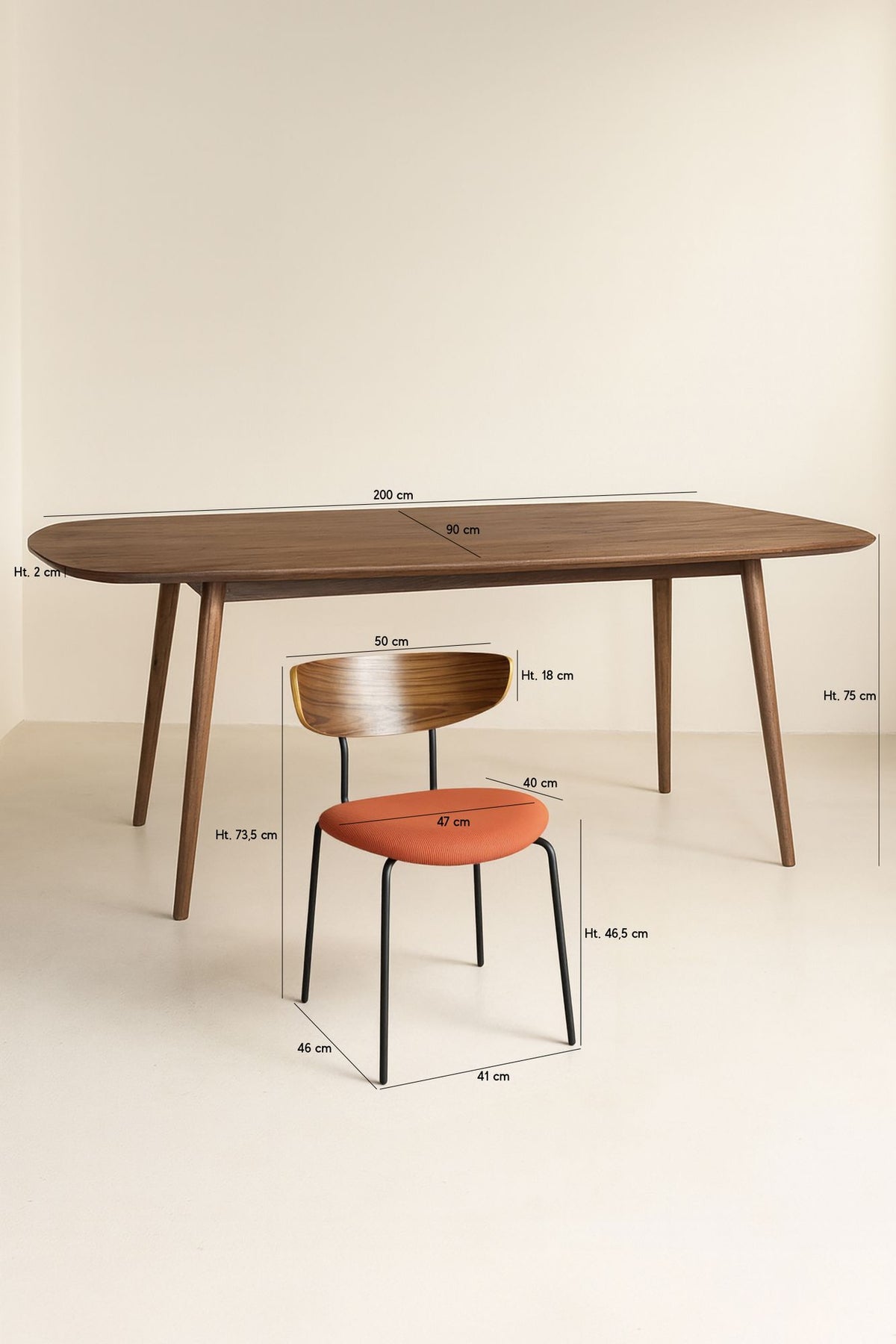 Dimensions Ensemble table à manger rectangulaire 200x90cm en bois effet noyer Callao et 6 chaises en velours côtelé terracotta Riva