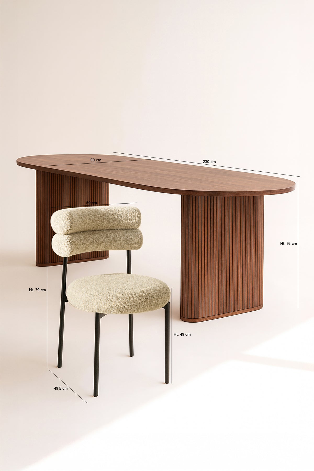 Dimensions Ensemble table à manger ovale 230x90cm en bois effet noyer Selma et 6 chaises beige Gina