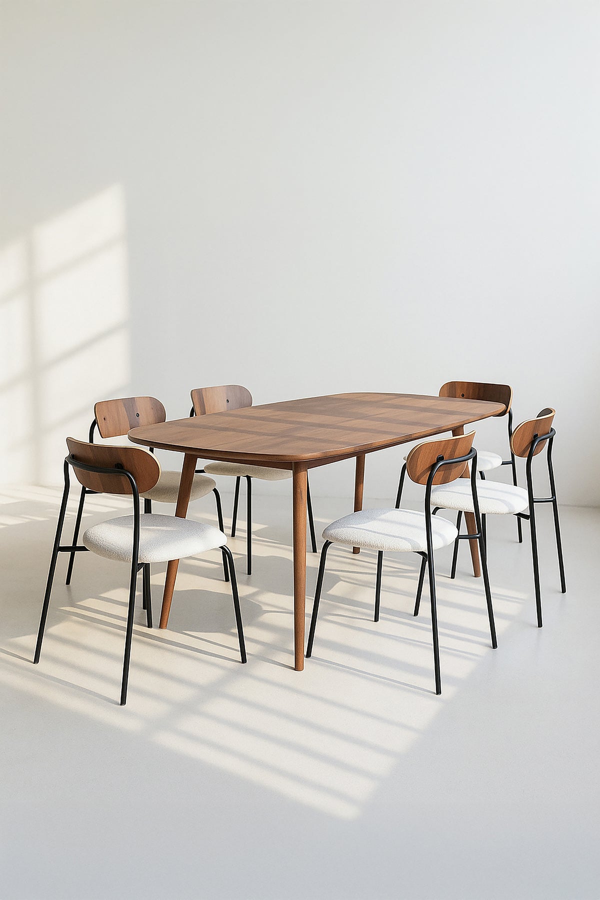 Dimensions Ensemble table à manger rectangulaire 200x90cm en bois effet noyer Callao et 6 chaises en tissu écru Gaston