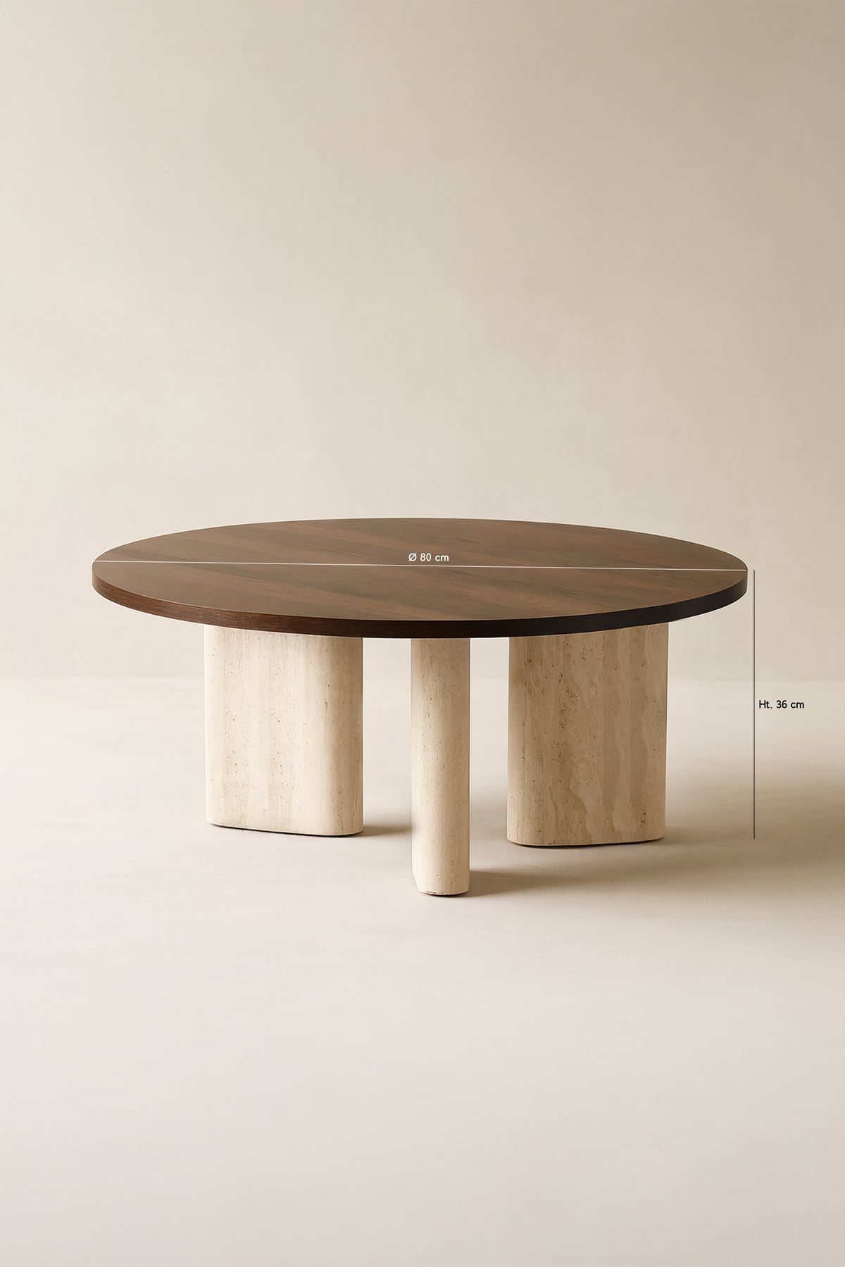 Dimensions Amber - Table basse ronde effet travertin naturel et noyer