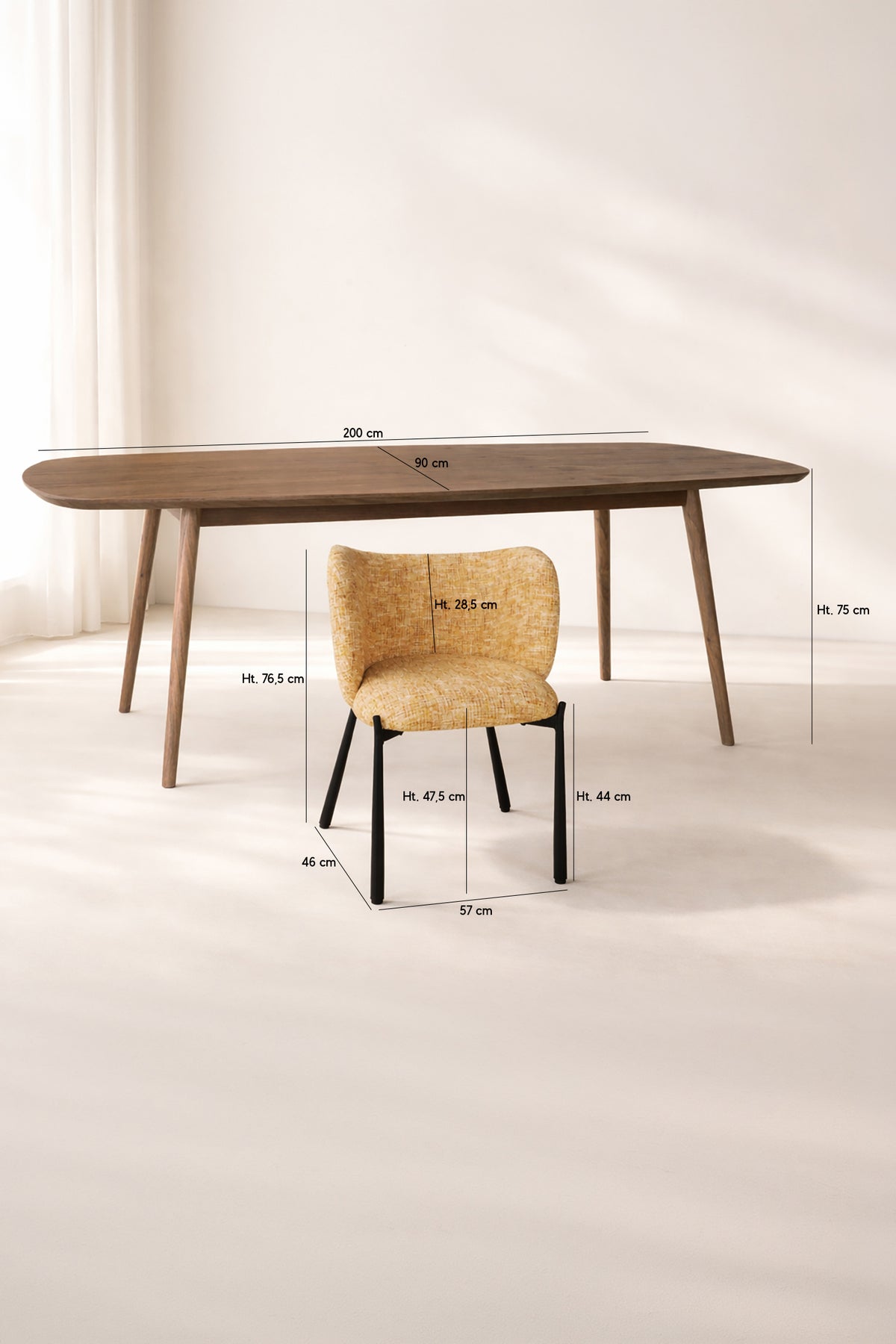 Dimensions Ensemble table à manger rectangulaire 200x90cm en bois effet noyer Callao et 6 fauteuils ocre suzan
