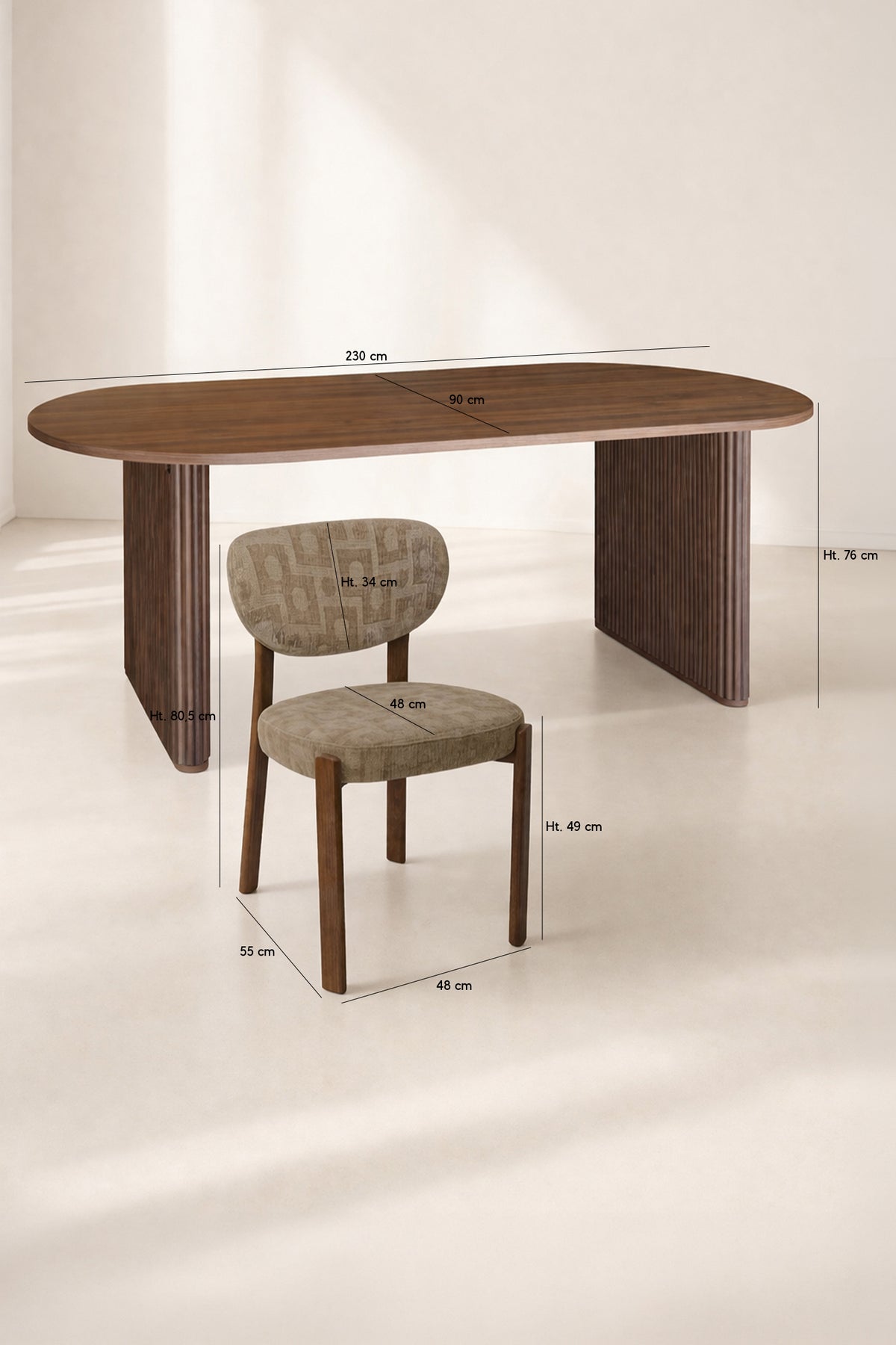 Dimensions Ensemble table à manger ovale 230x90cm en bois effet noyer Selma et 6 chaises en tissu taupe Suzie