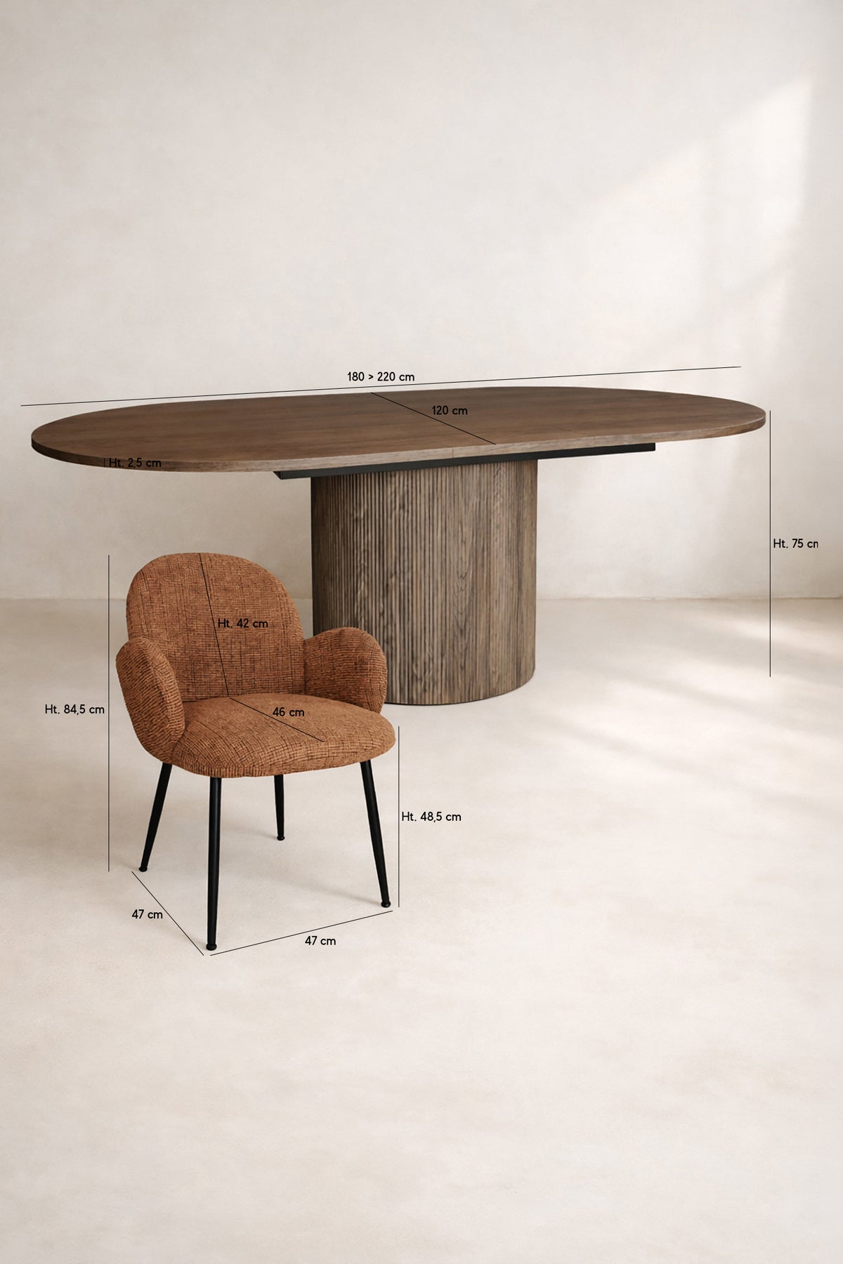 Dimensions Ensemble table à manger ovale extensible 180-220x120cm en bois effet noyer Sierra et 6 fauteuils terracotta ginette