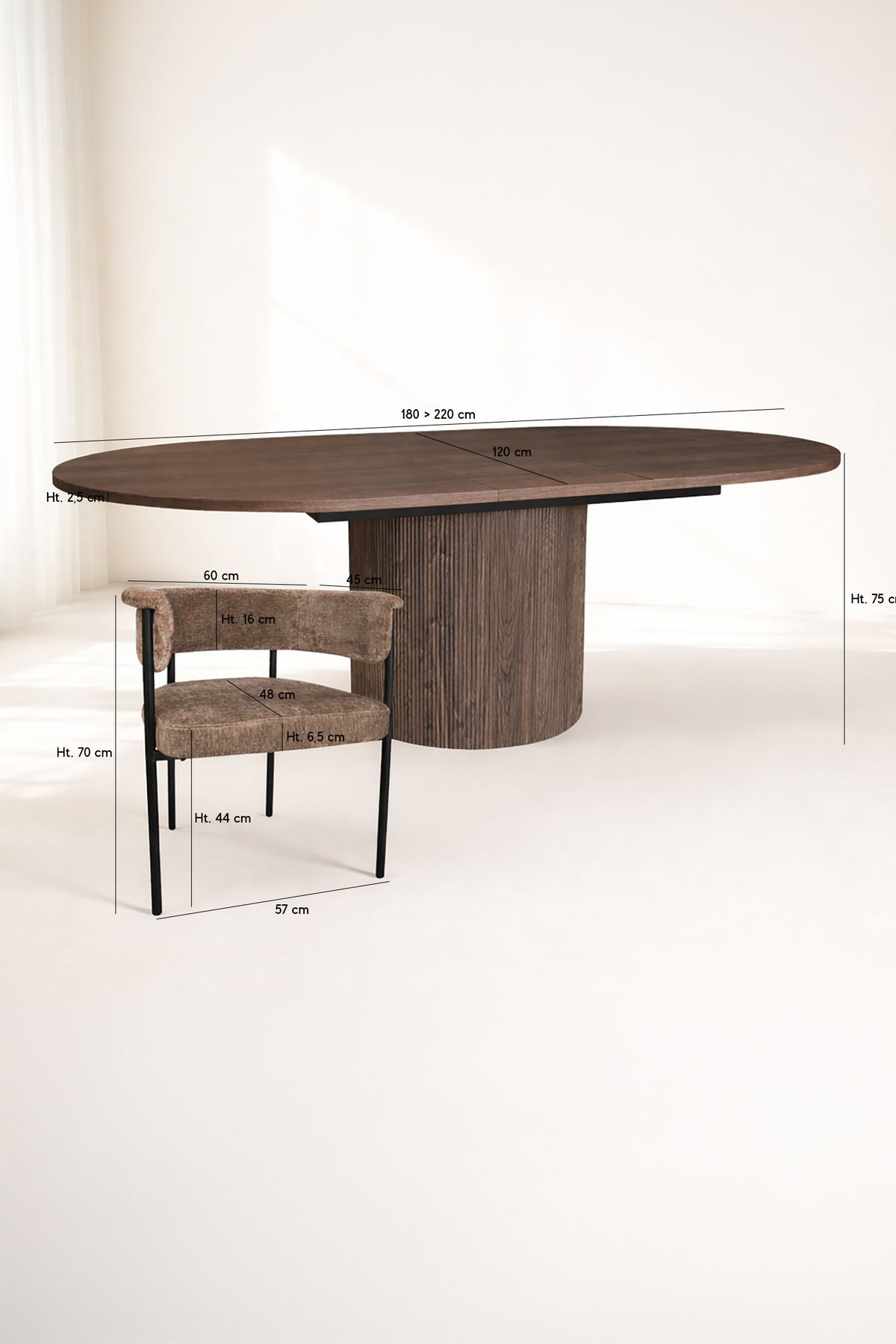 Dimensions Ensemble table à manger ovale extensible 180-220x120cm en bois effet noyer Sierra et 6 fauteuils café colette