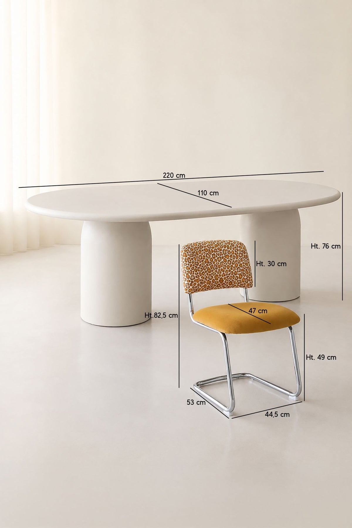 Dimensions Féline - Ensemble table ovale 220cm effet ciment et 6 chaises en tissu léopard