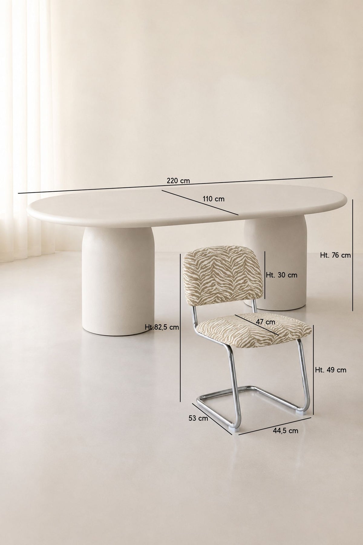 Dimensions Féline - Ensemble table ovale 220cm effet ciment et 6 chaises en tissu tigré