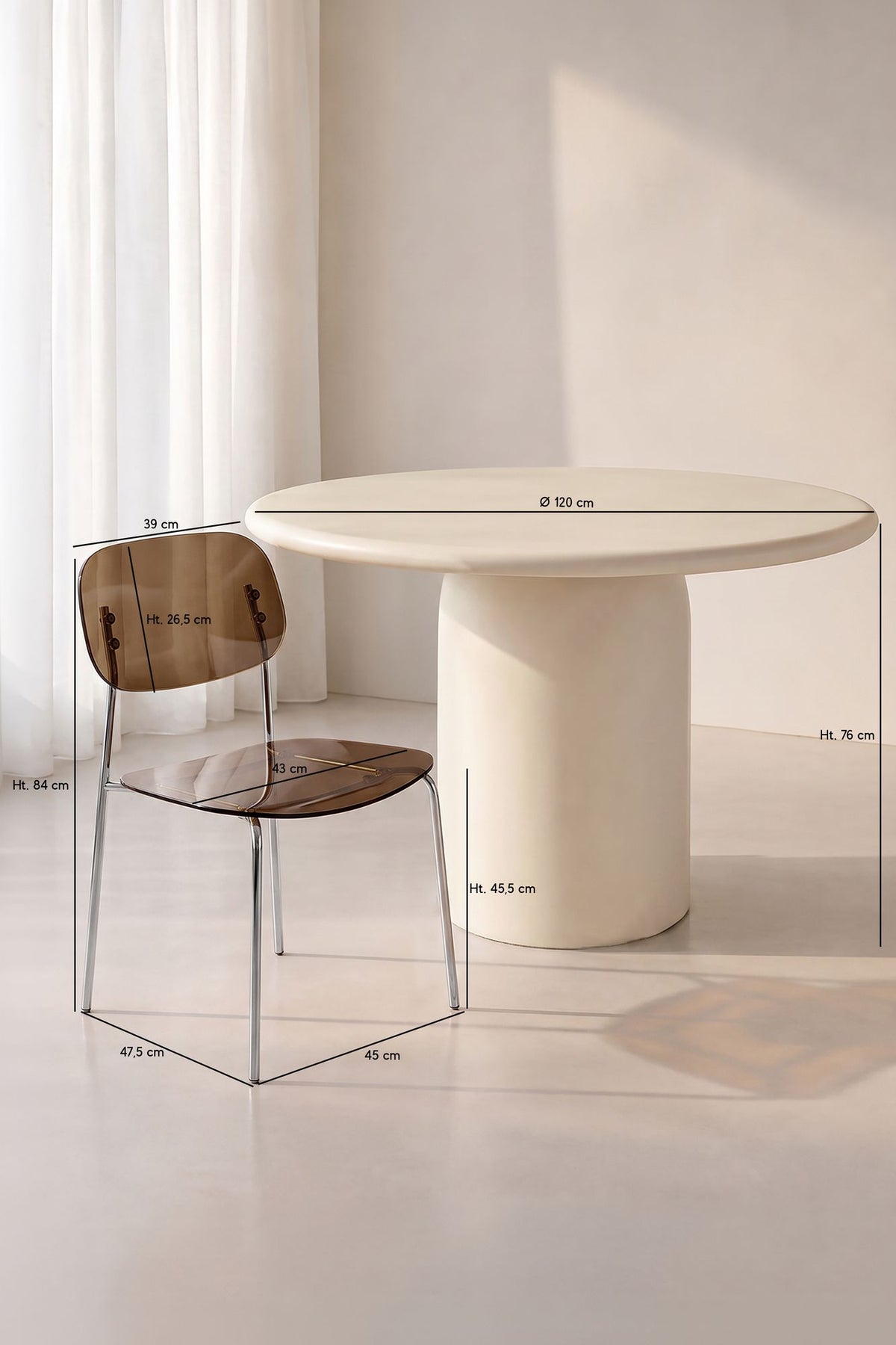 Dimensions GLAM - Ensemble table ronde 120cm effet ciment et 4 chaises écorce