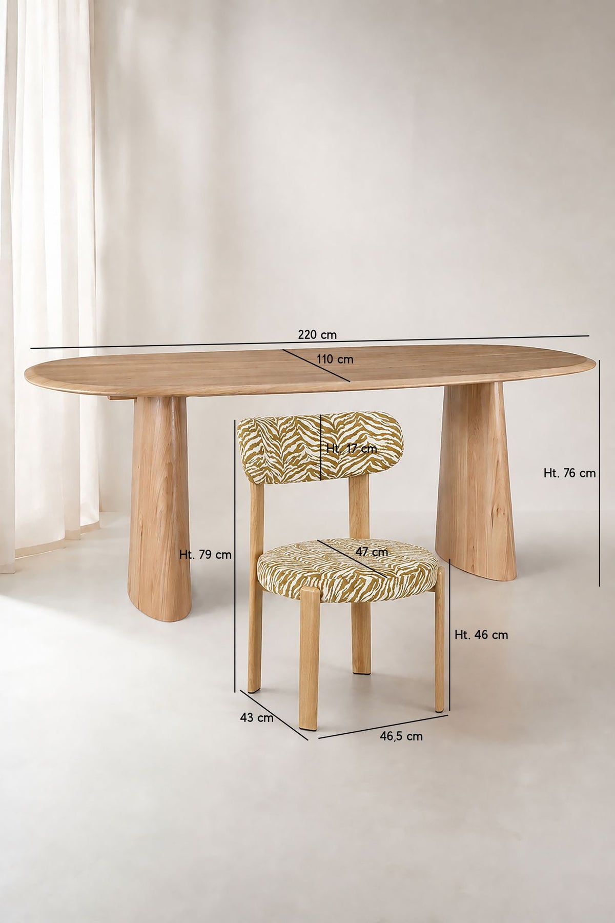 Dimensions LILY - Ensemble table ovale 220cm effet bois et 6 chaises de table en tissu zébré ocre