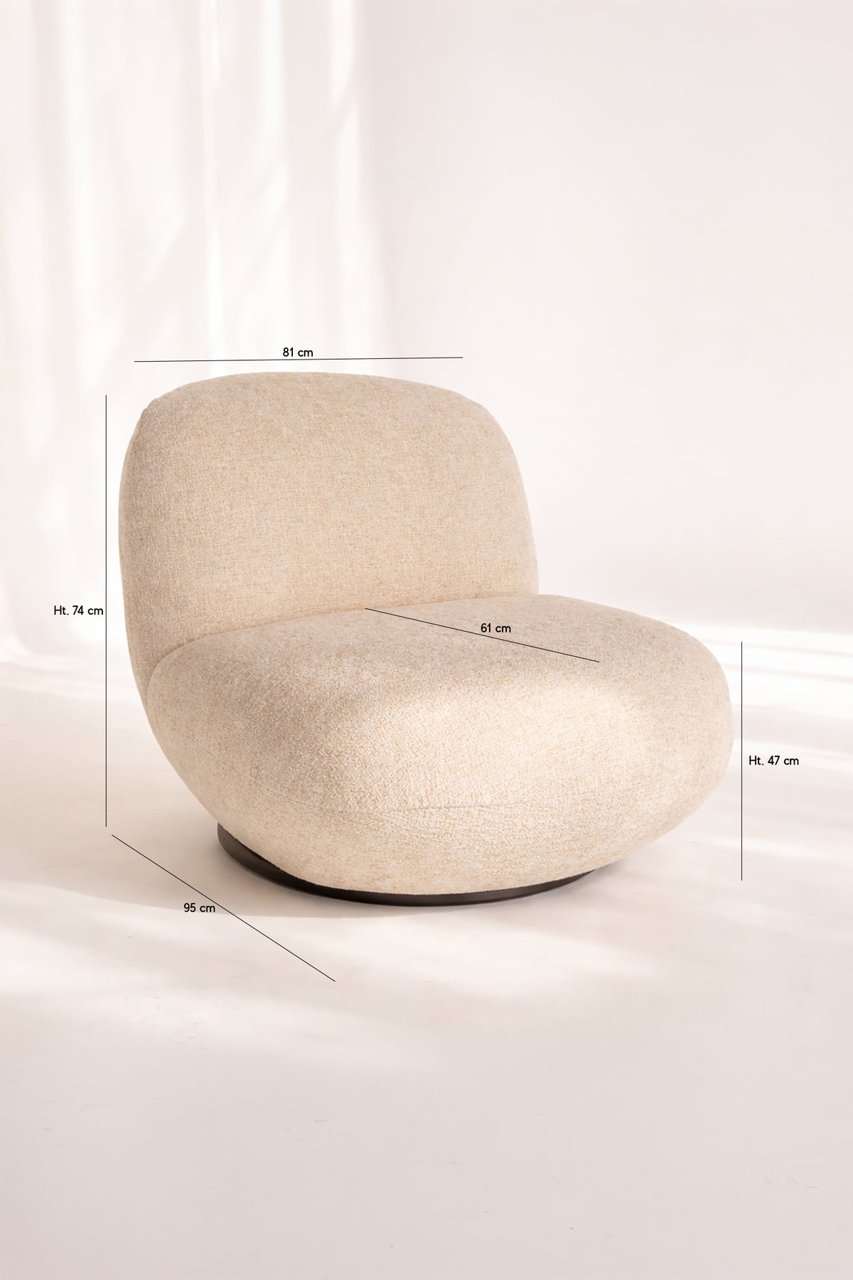 Dimensions Marlo - Fauteuil pivotant en tissu chenille couleur beige