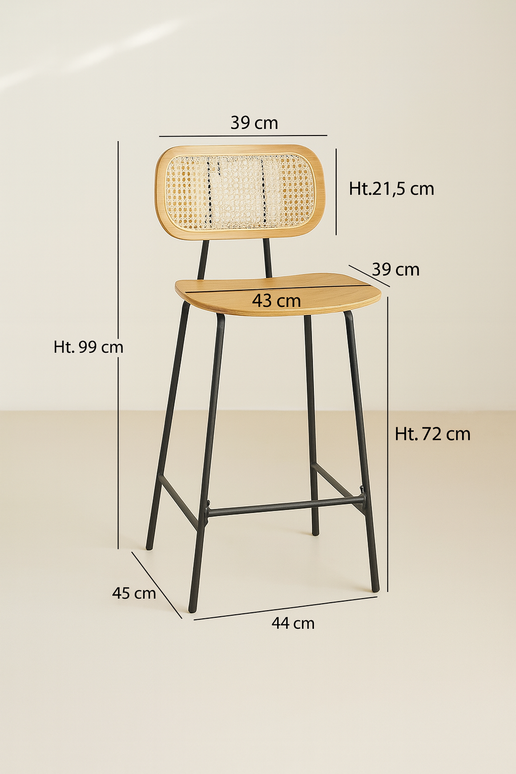 Dimensions Nosara - Lot de 2 chaises de bar en rotin, bois naturel et métal