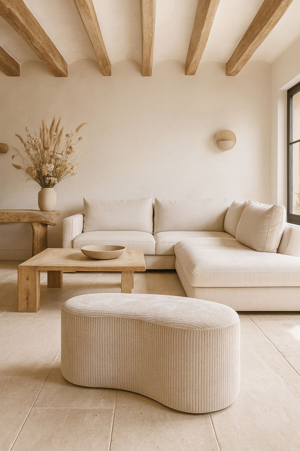 Côme - Banc incurvé en tissu velours côtelé et structure en bois beige