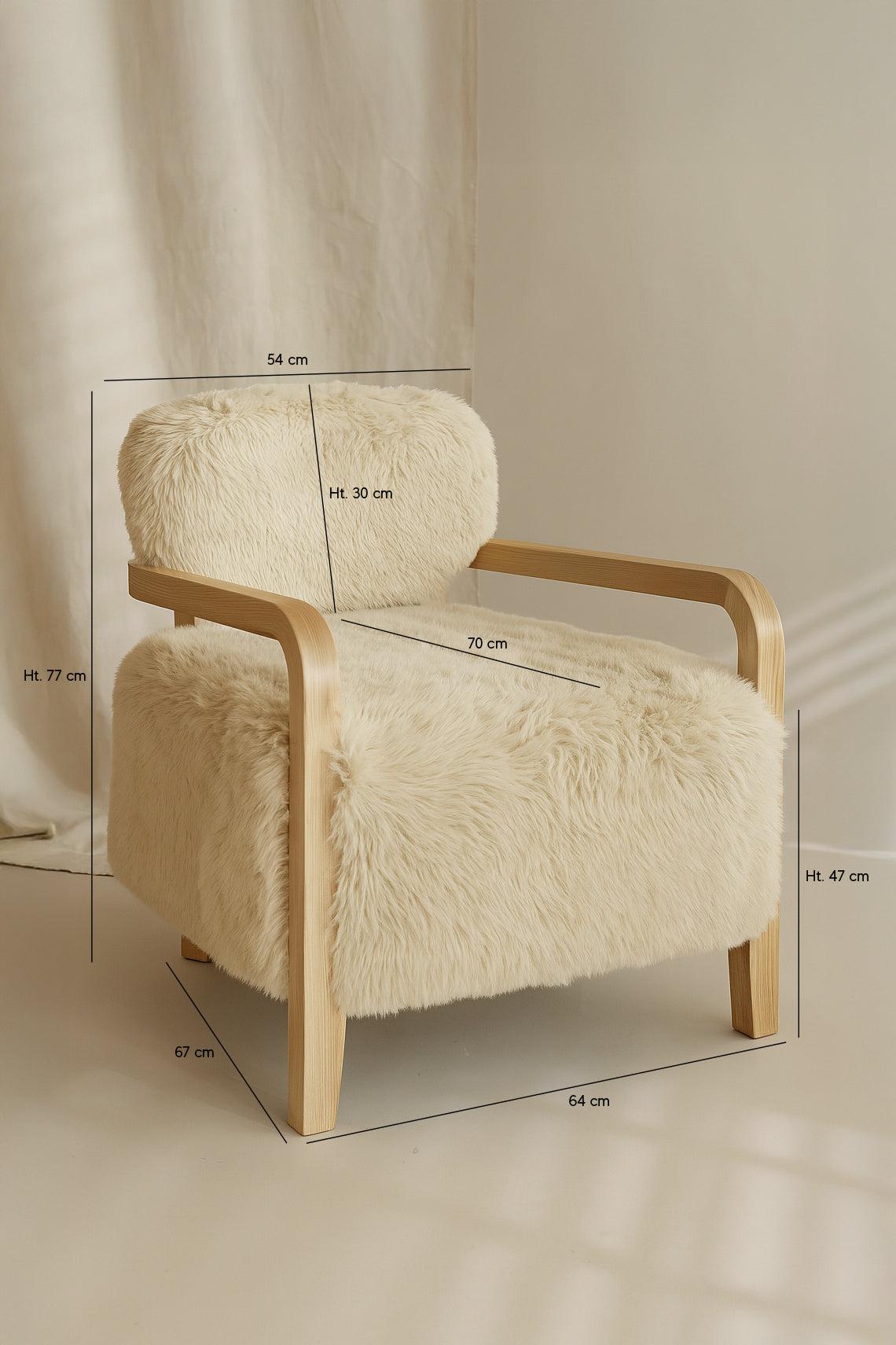 Dimensions Yack - Fauteuil en tissu doux effet fourrure beige