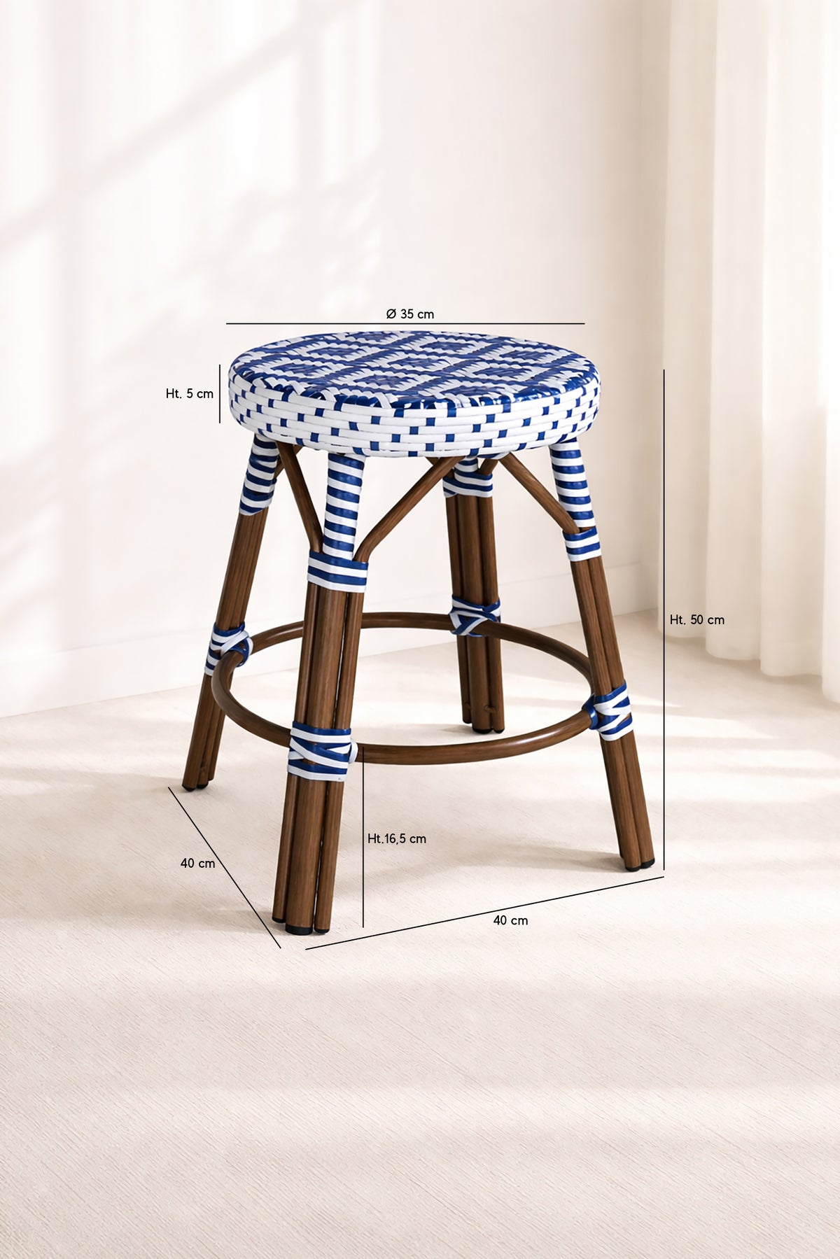 Dimensions Scala - Tabouret bas bleu en aluminium effet rotin couleur noyer