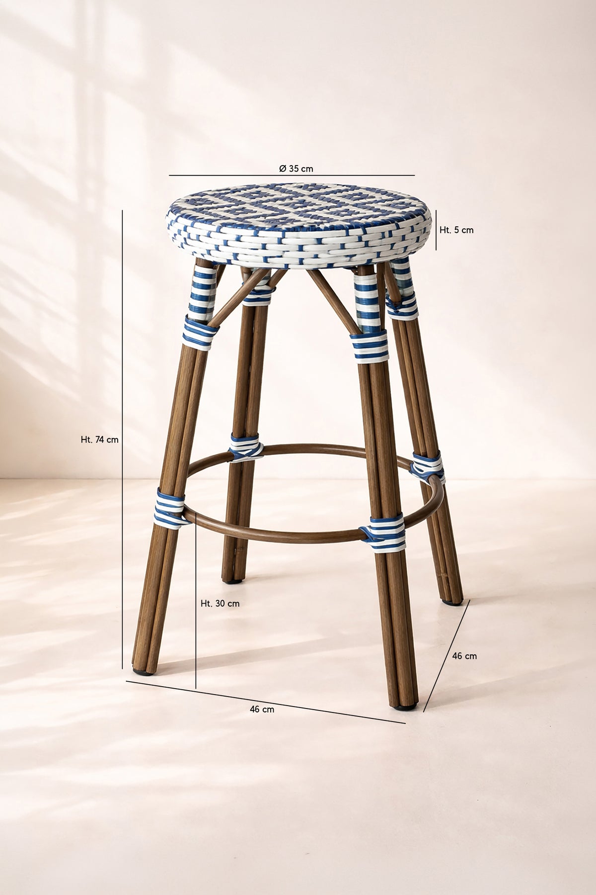 Dimensions Scala - Tabouret de bar bleu en aluminium effet rotin couleur noyer
