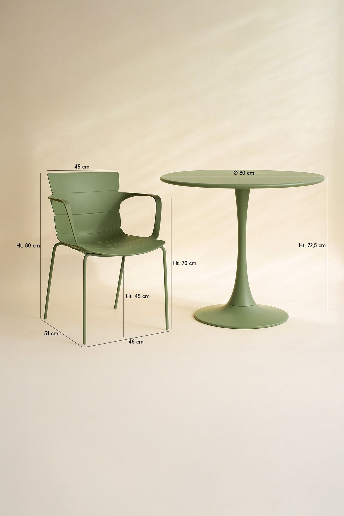 Dimensions Montauk - Ensemble table et 4 fauteuils de table intérieur en polypropylène et métal vert
