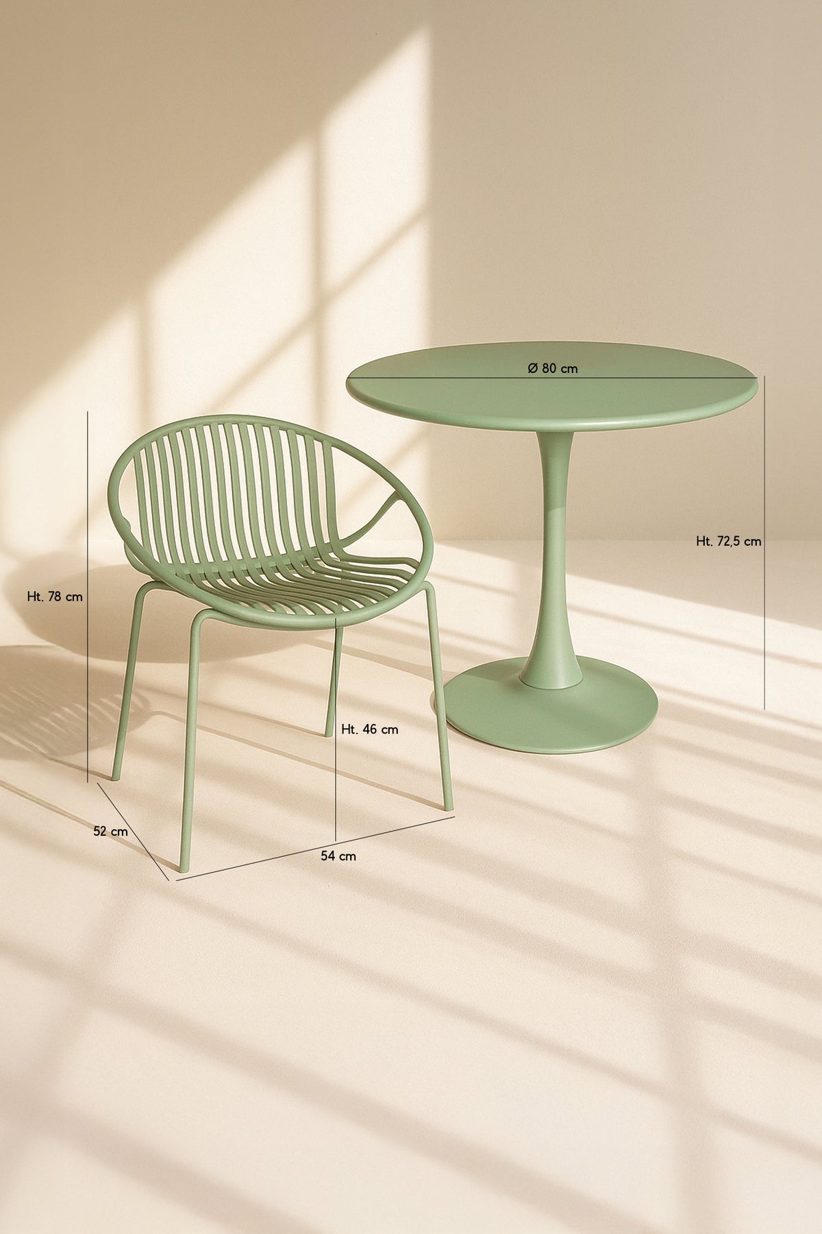 Dimensions Calypso - Ensemble table et 4 fauteuils de table intérieur en polypropylène et métal vert