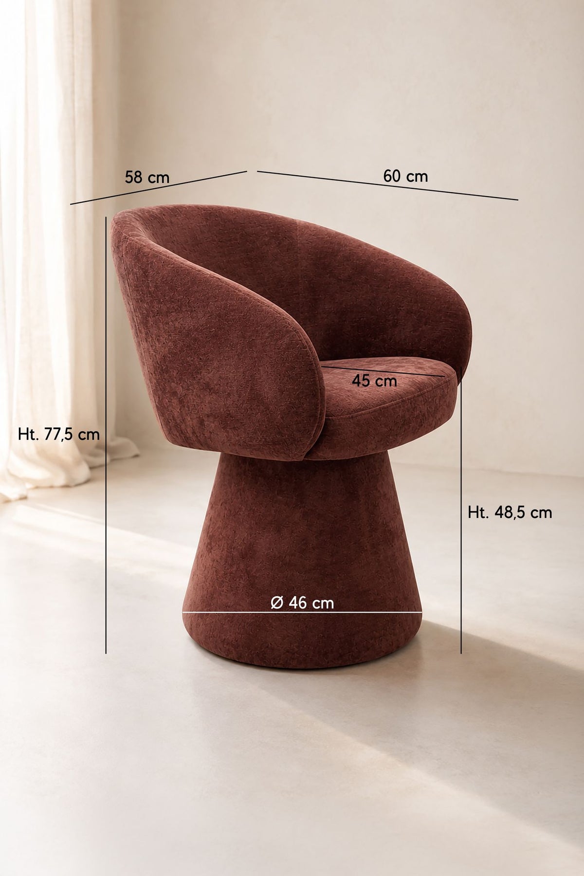 Dimensions Alba - Fauteuil de table pivotant en tissu effet chenille cherry