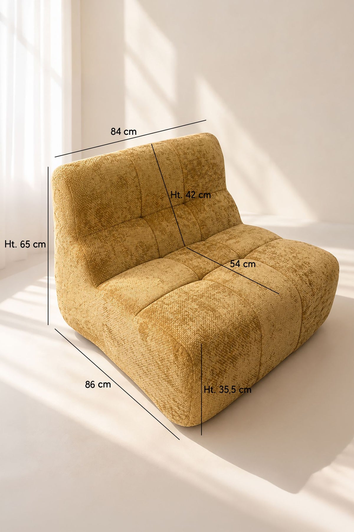 Dimensions VOLTA - Fauteuil compressé en tissu chenille ocre doré