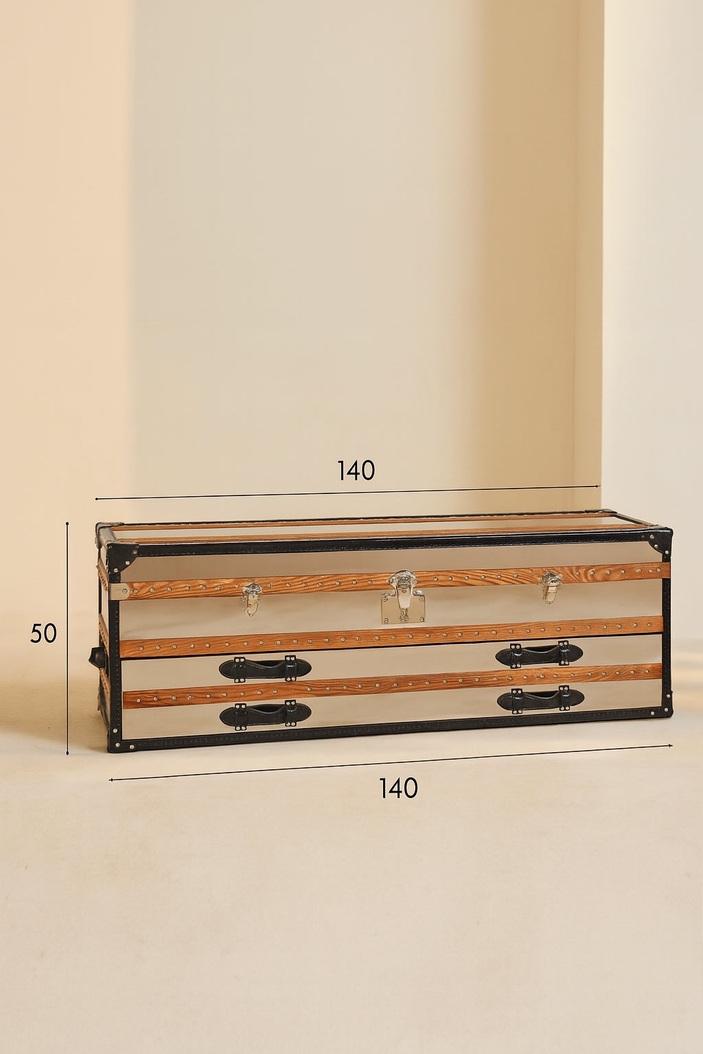 Dimensions Iliade - Commode basse 1 coffre 2 tiroirs en acier inoxydable et cuir