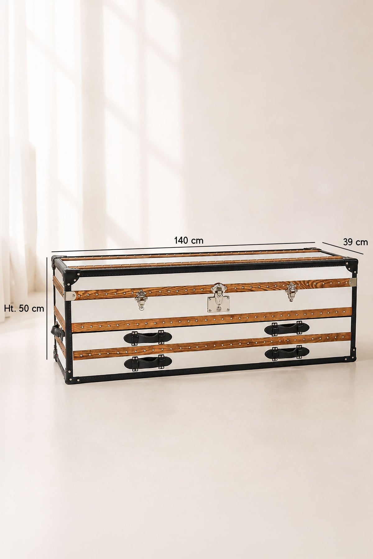 Dimensions Iliade - Commode basse 1 coffre 2 tiroirs en acier inoxydable et cuir