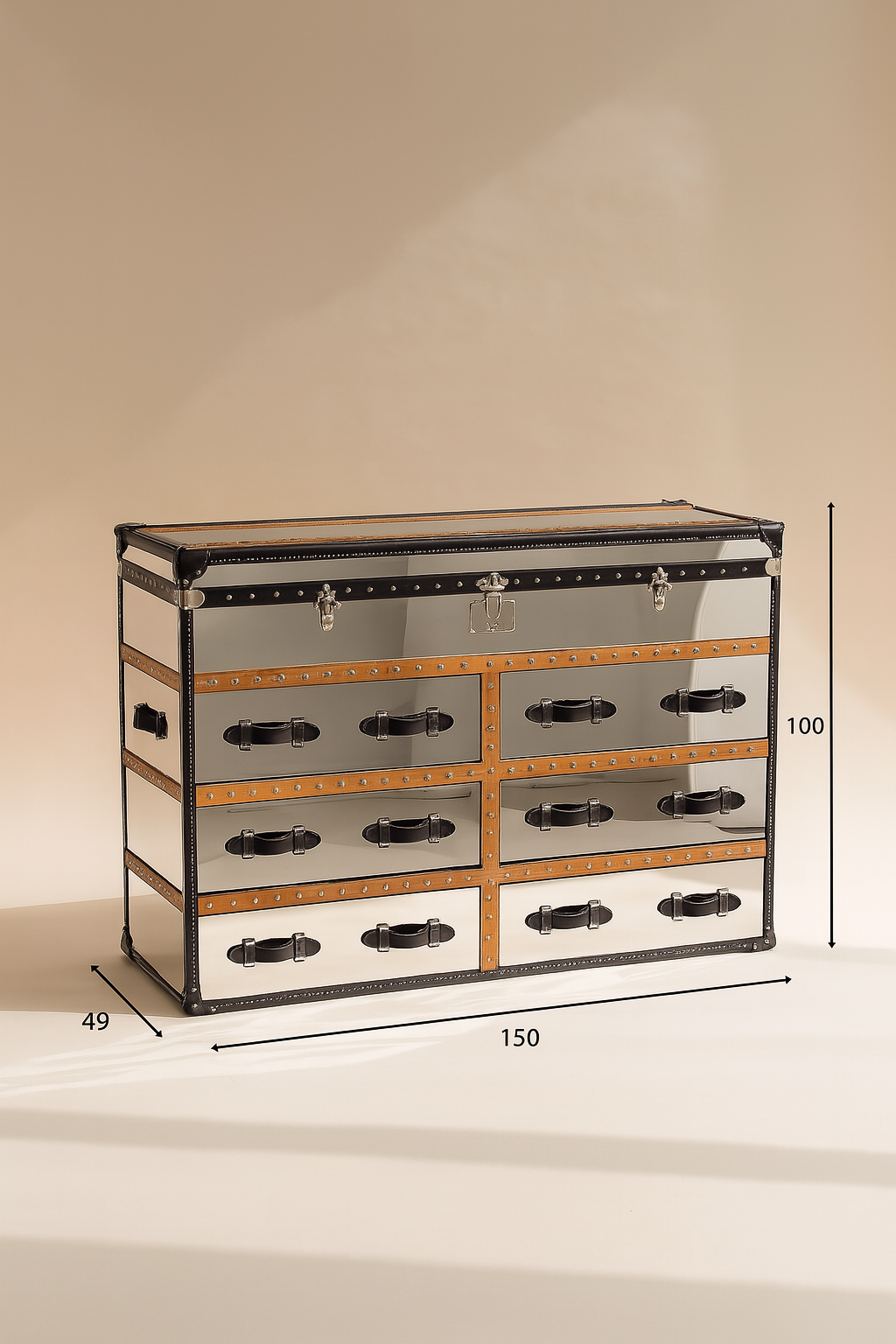 Dimensions Iliade - Commode coffre 6 tiroirs en acier inoxydable effet miroir et cuir marron