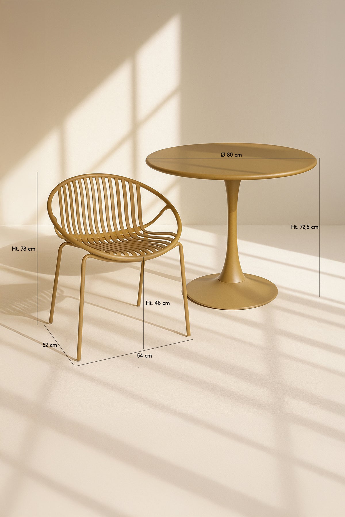 Dimensions Calypso - Ensemble table et 4 fauteuils de table extérieur en polypropylène et métal ocre