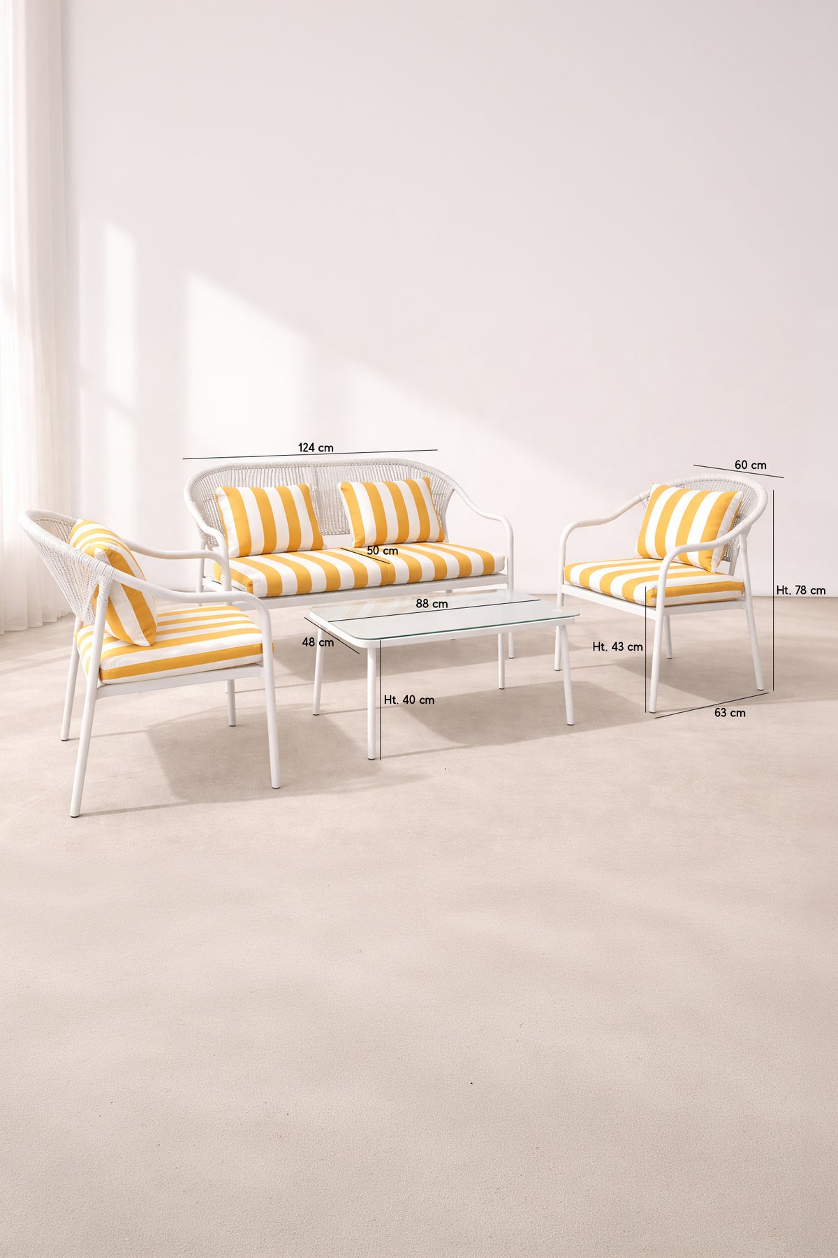 Dimensions Positano - Salon de jardin en métal et tissu à rayures blanc et jaune bouton d'or avec table basse