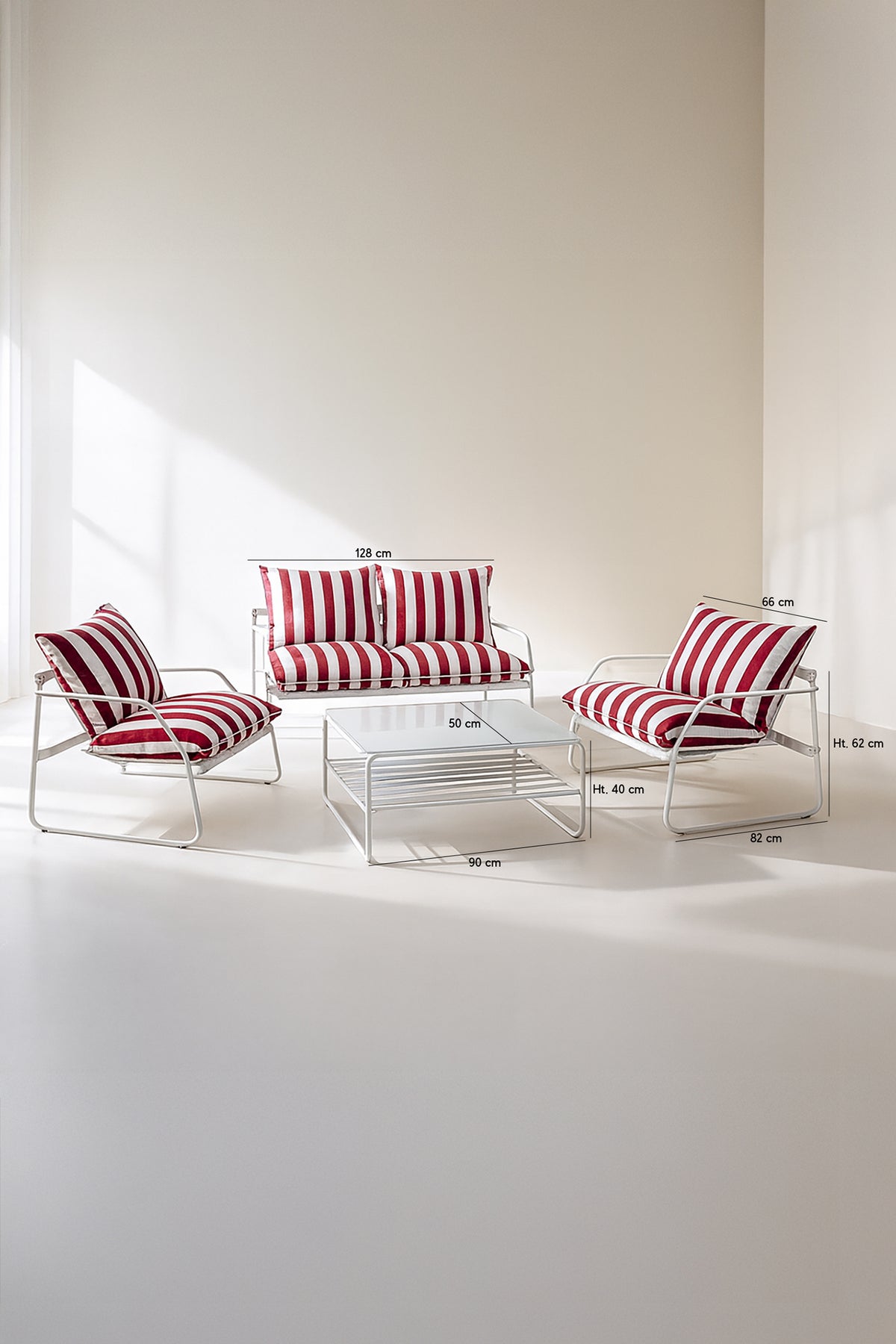 Dimensions Luigi - Salon de jardin en aluminium blanc et tissu à rayures blanc et rouge coquelicot avec table basse