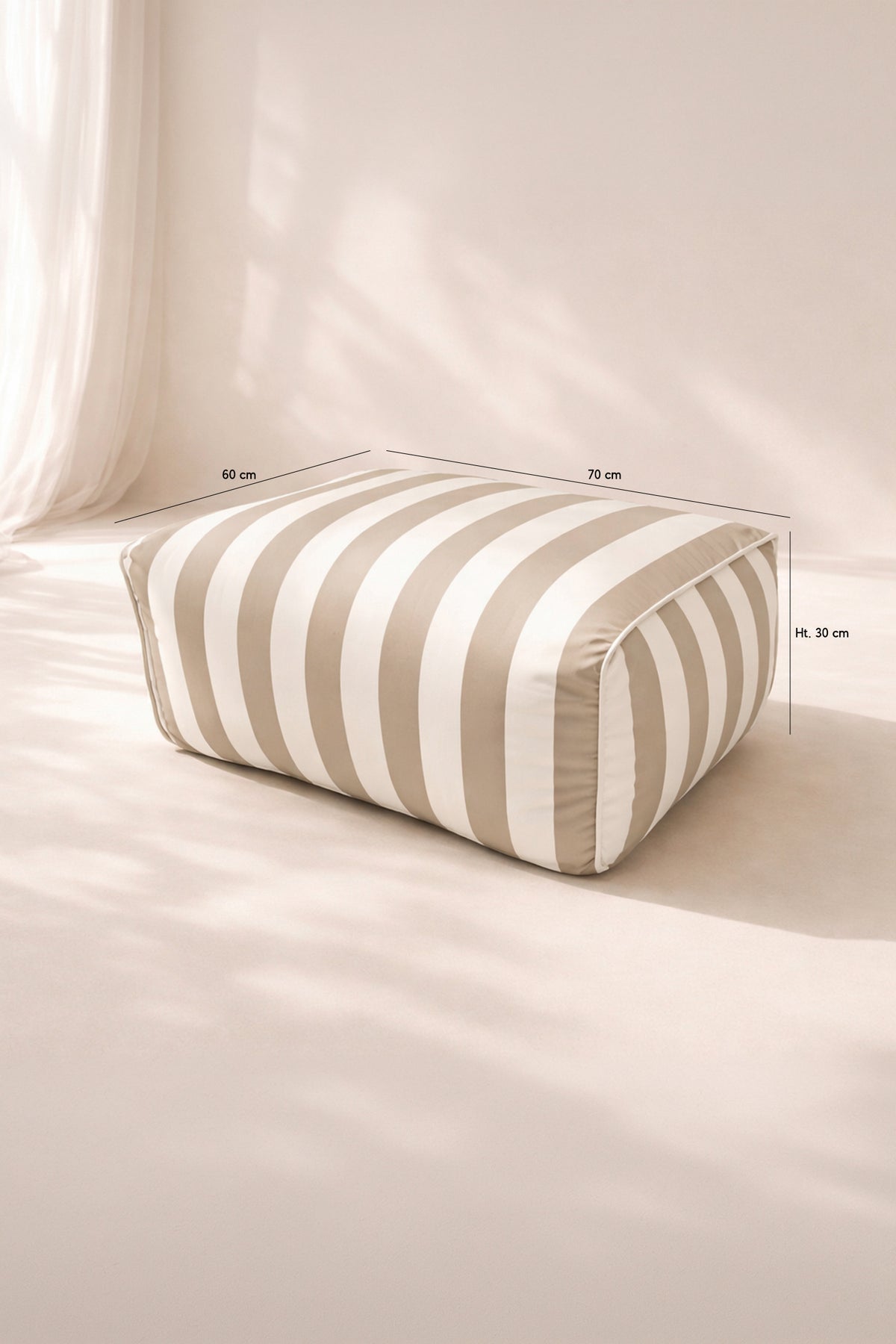Dimensions Flavio - Pouf extérieur en tissu à rayures blanc et taupe