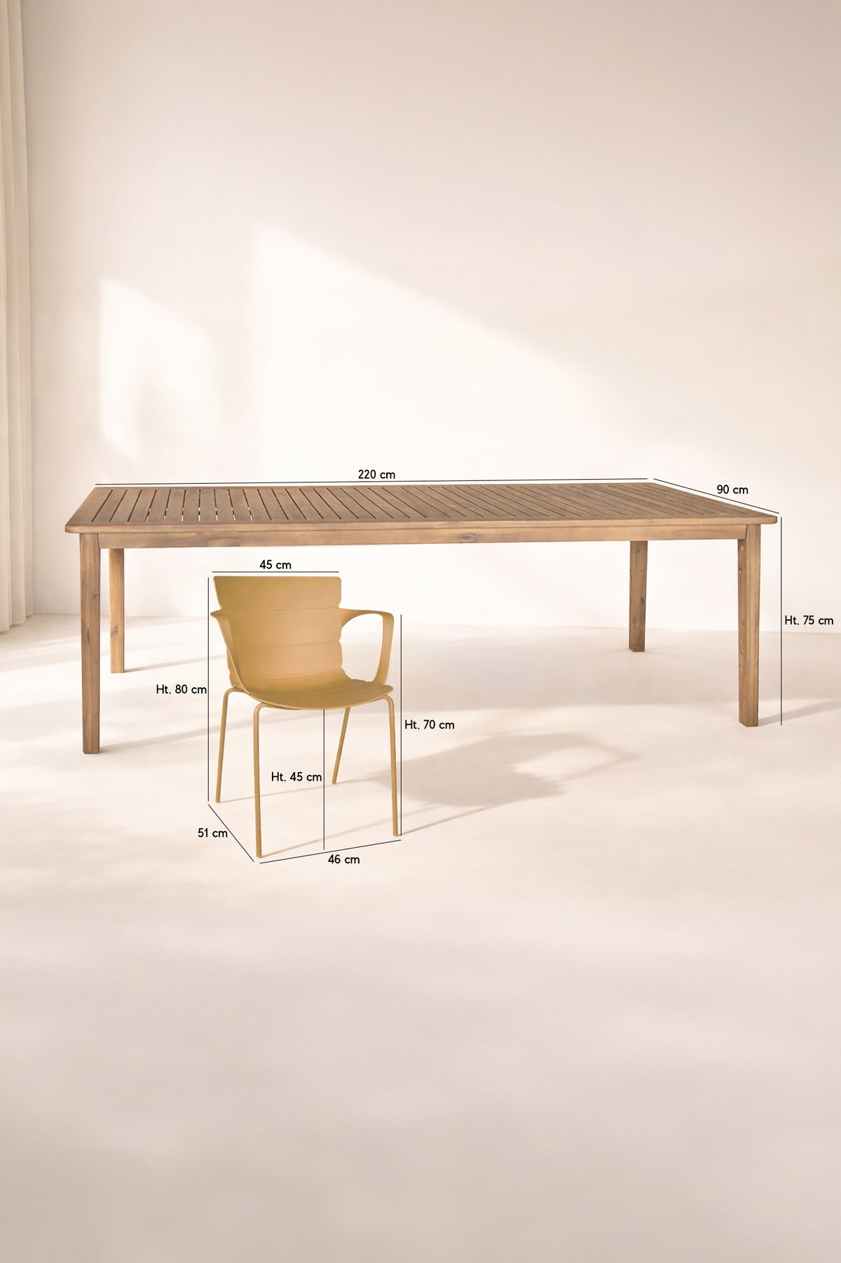 Dimensions Montauk - Ensemble table avec 8 fauteuils en polypropylène ocre