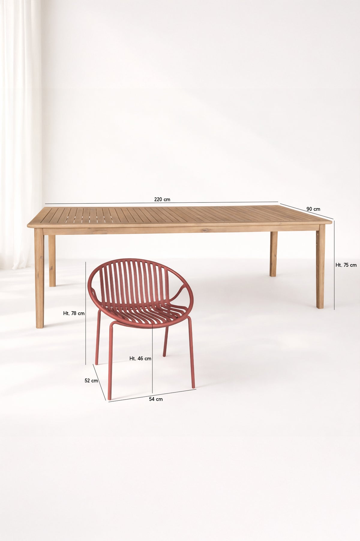 Dimensions Calypso - Ensemble table avec 8 fauteuils en polypropylène brique