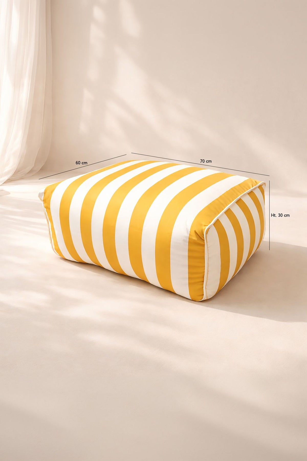 Dimensions Flavio - Ensemble fauteuil et pouf extérieur compressé en tissu à rayures blanc et jaune bouton d'or