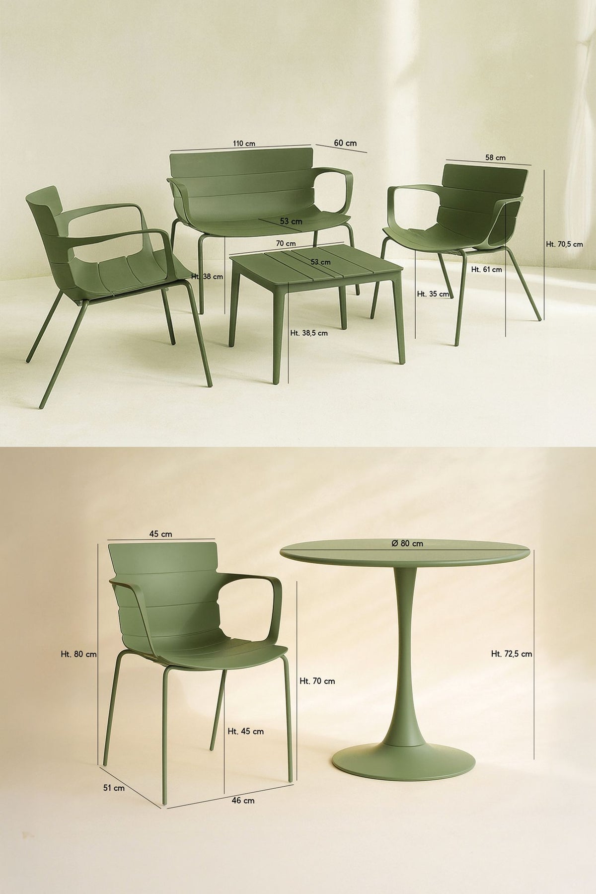 Dimensions MONTAUK - Ensemble de table d'extérieur et salon de jardin en polypropylène vert