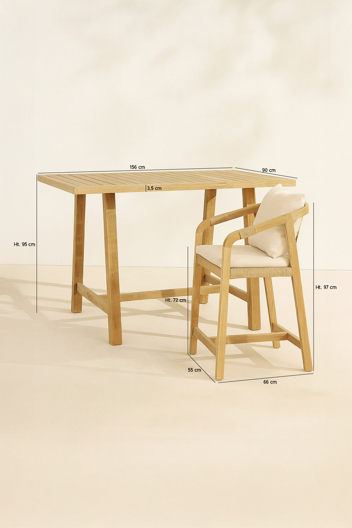 Dimensions Saona - Ensemble table haute et 4 fauteuils cordés en bois d'acacia