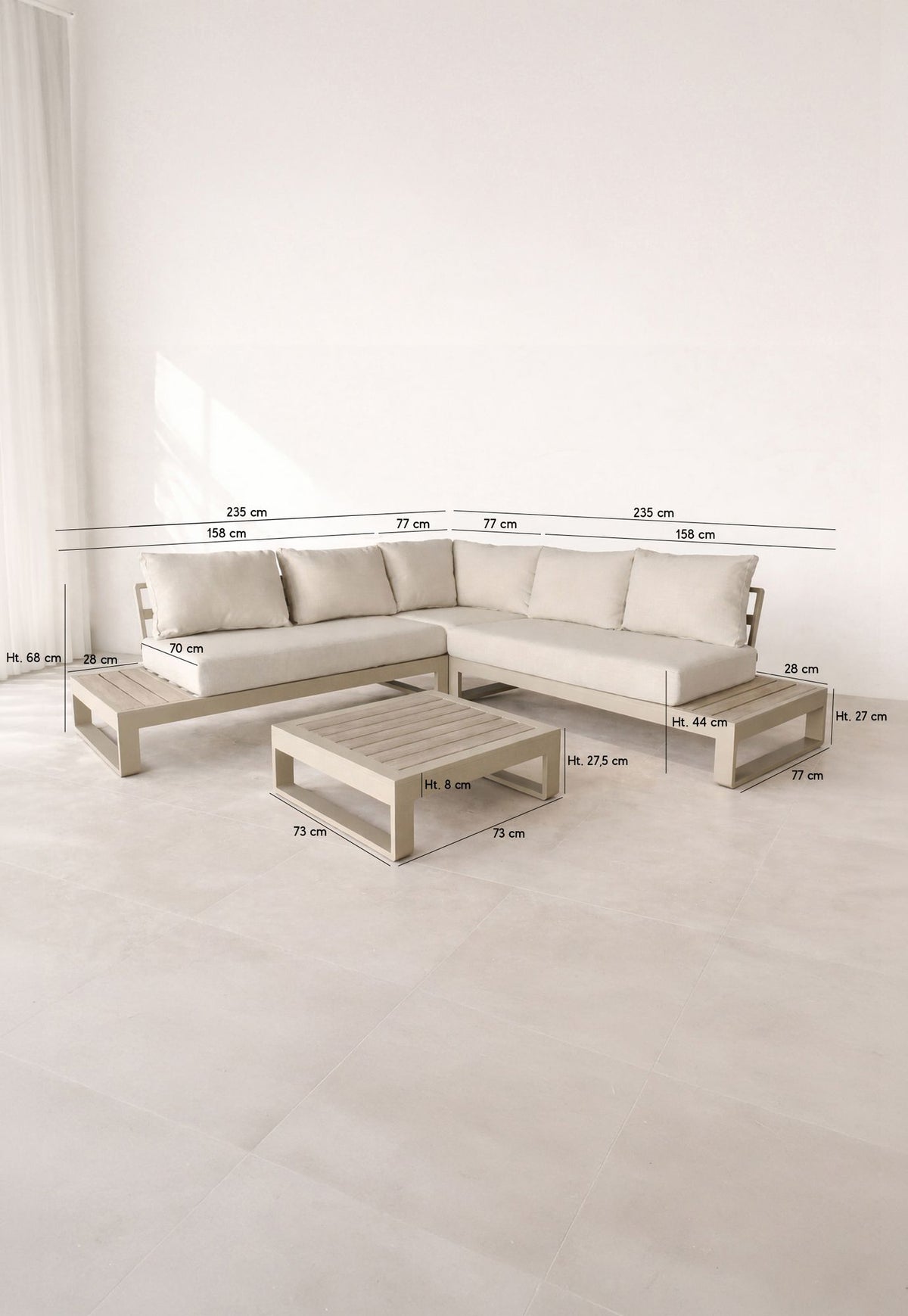 Dimensions Riva Bella - Salon de jardin d'angle en aluminium sable