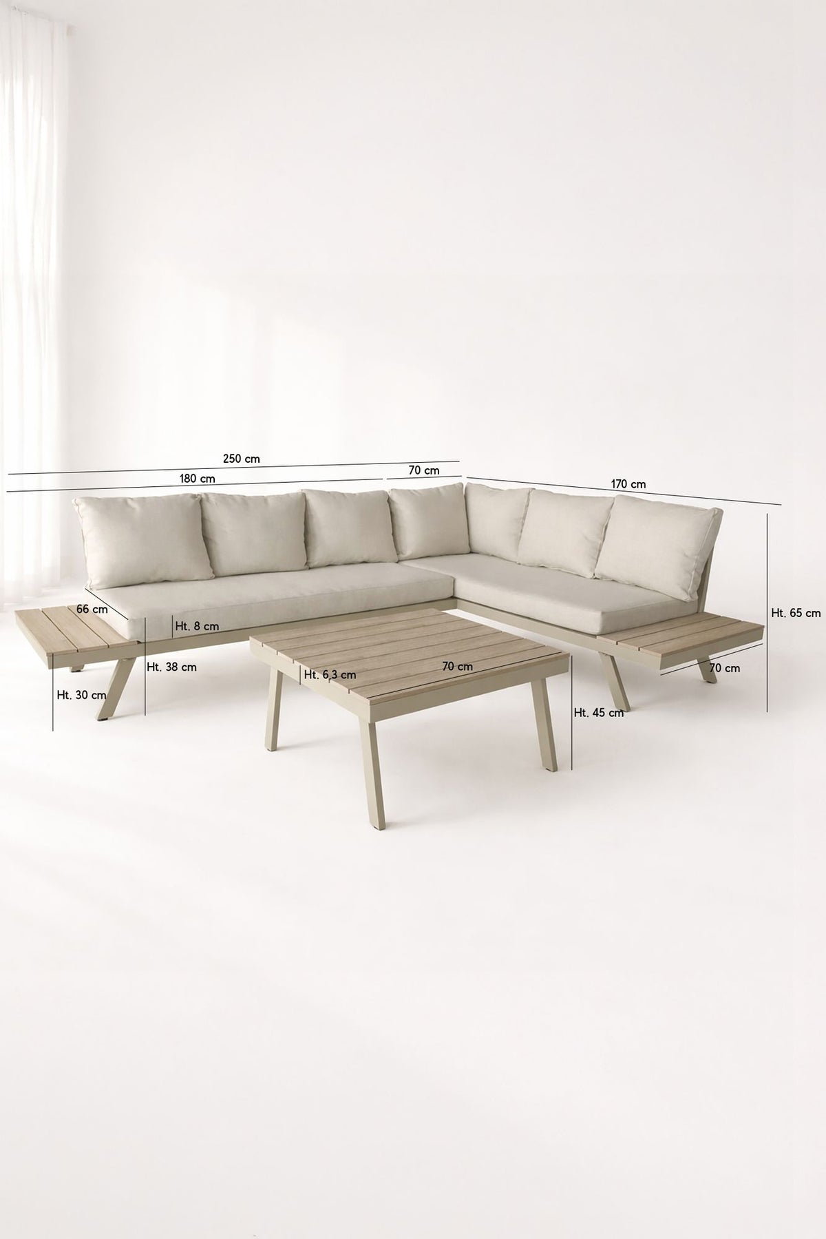 Dimensions Calvi - Salon de jardin d'angle en aluminium sable avec table basse