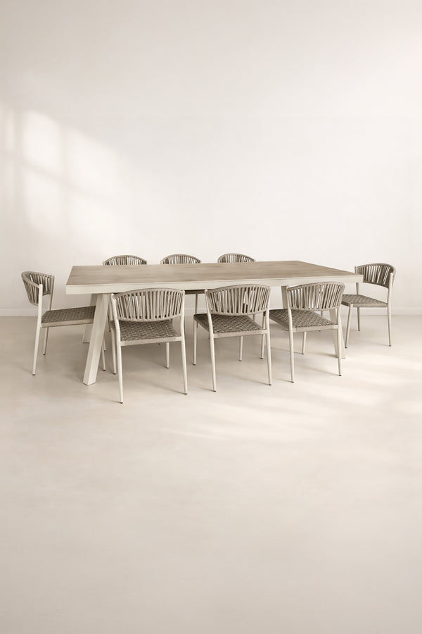 Figari - Ensemble table en aluminium 230cm sable et 8 chaises en corde