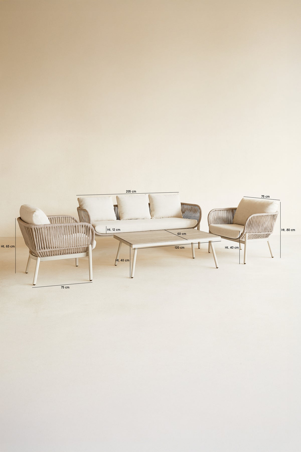 Dimensions Figari - Salon de jardin 5 places en aluminium sable avec table basse