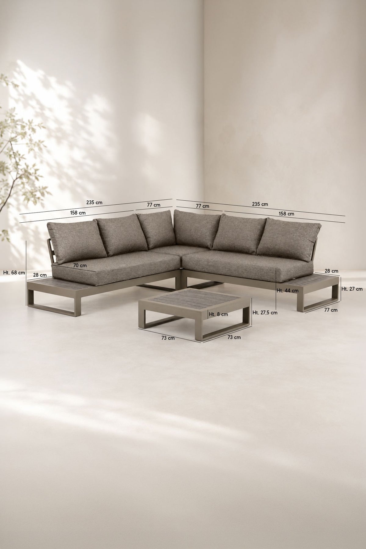 Dimensions Riva Bella - Salon de jardin d'angle en aluminium et polywood couleur moka