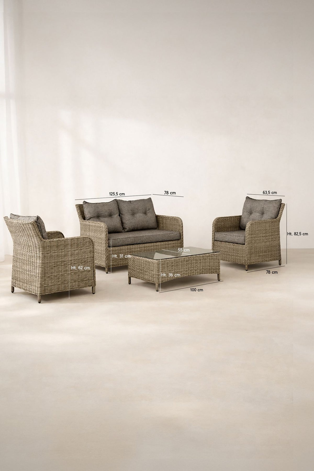 Dimensions Porto-Fino - Salon de jardin en aluminium avec coussin et assise tissu