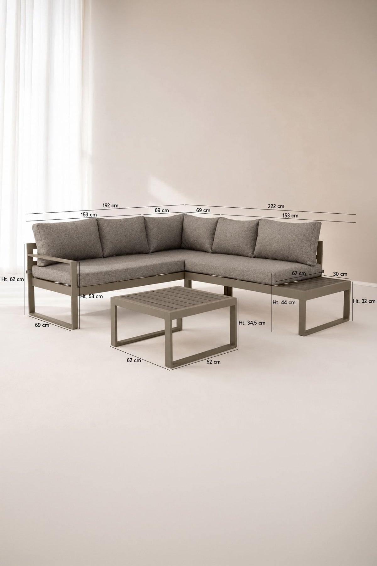 Dimensions Pisa - Salon de jardin en aluminium et polywood avec coussin et assise tissu moka