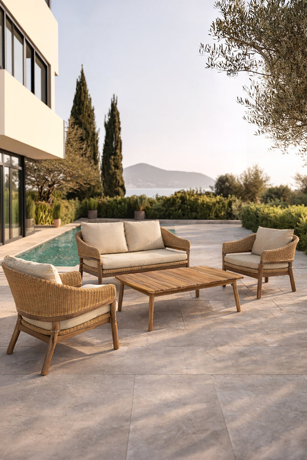 Alhambra - Salon de jardin en bois d'acacia osier et tissu beige 4 places