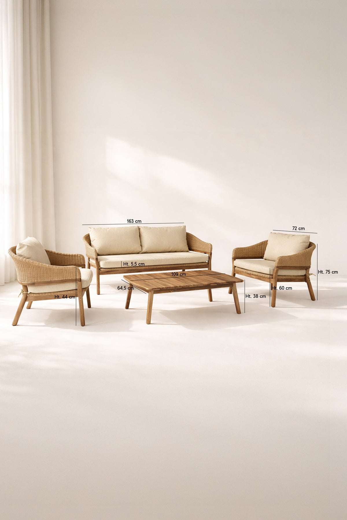 Dimensions Alhambra - Salon de jardin en bois d'acacia osier et tissu beige 4 places