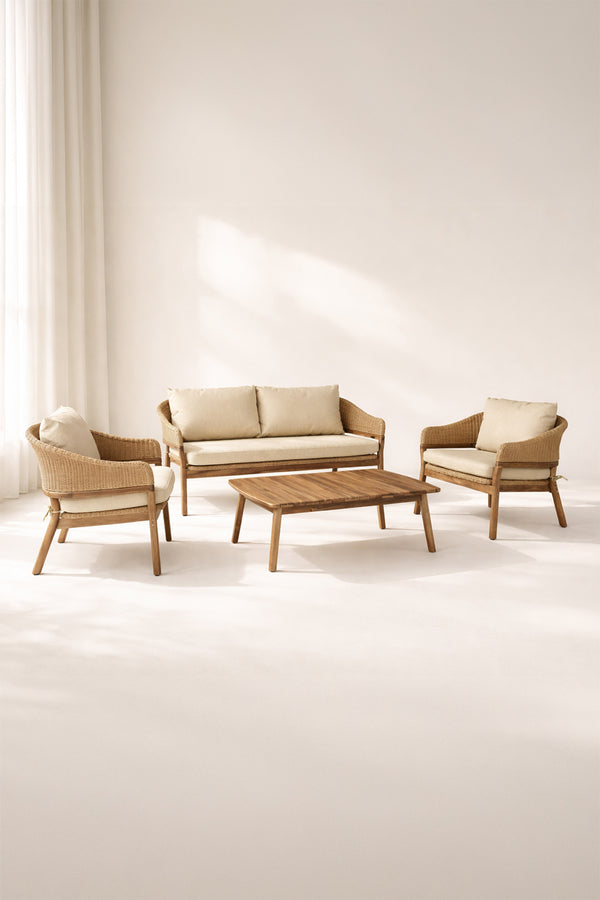 Alhambra - Salon de jardin en bois d'acacia osier et tissu beige 4 places