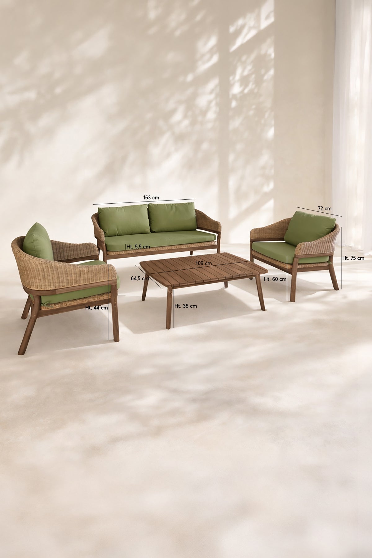 Dimensions Alhambra - Salon de jardin en bois d'acacia osier et tissu vert 4 places
